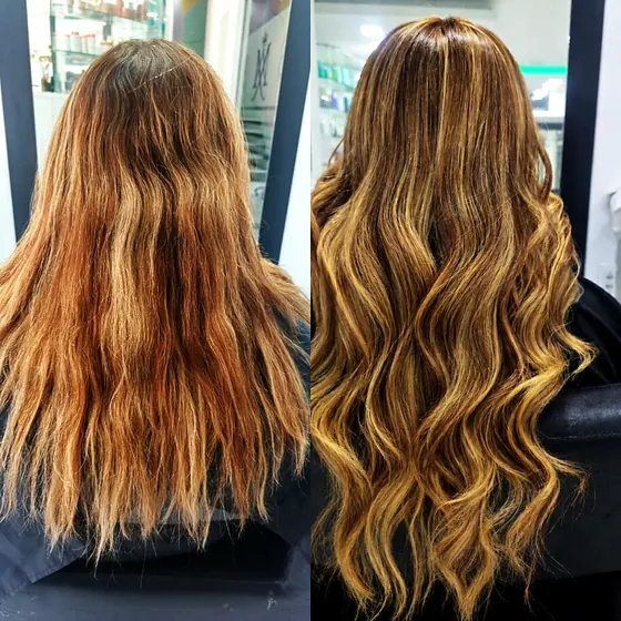 Comparación de dos vistas de cabello largo, con mechas más definidas y acabado ondulado en la imagen derecha